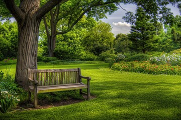 Wooden Bench in the Flower Garden Park: Relaxing Summer Seating Among Trees and Nature