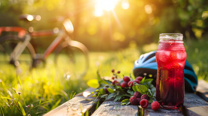 a berry-flavored fitness drink, placed on a picnic table next to a bicycle and helmet