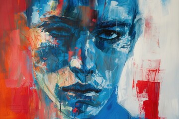 abstract oil painting portrait of young man, brush strokes, colorful, blue and red palette