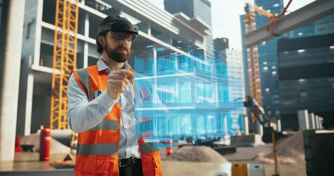 Caucasian Male Architect Using a Mixed Reality Headset to Visualize and Manipulate 3D Building Models on a Construction Site, Enhancing Precision and Efficiency in Architectural Design and Planning