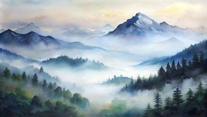 Obraz premium Serene Watercolor Landscape of Misty Mountain Range at Dawn