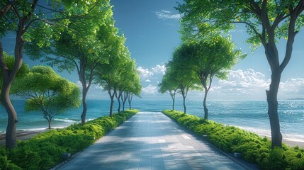 Obraz premium Tranquil Seascape with Tree-Lined Path