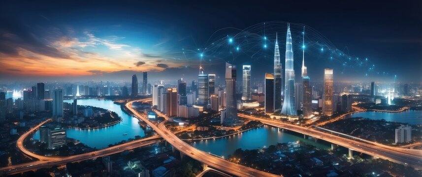 A stunning city skyline at night, showcasing modern skyscrapers, vibrant lights, and a technological atmosphere ideal for innovation and growth.