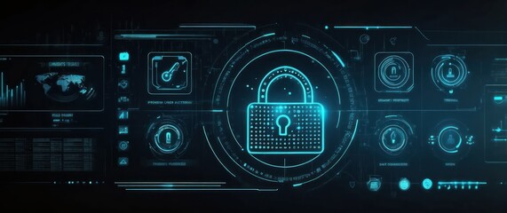 Fototapeta premium Futuristic digital interface showcasing security features and data protection in a technologically advanced atmosphere.