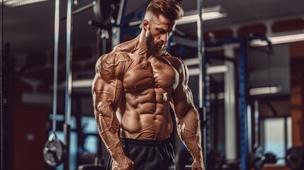 Fototapeta premium Athletic man workout weight training physical strength, strong bodybuilder, athlete body in gym