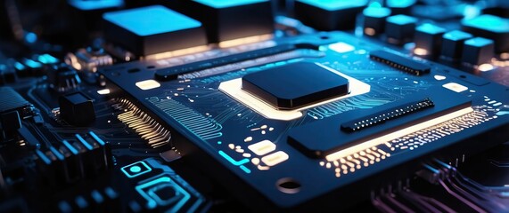 Fototapeta premium A close-up view of a microprocessor on a motherboard, showcasing modern technology and innovation with a sleek, futuristic design.