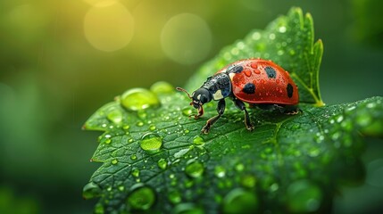 Fototapeta premium Ladybug on a Dew-Covered Leaf