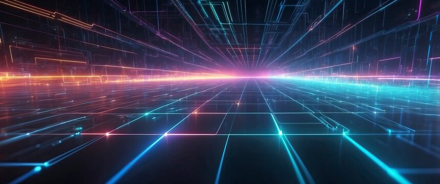 A vibrant, futuristic digital landscape with glowing lines, perfect for technology concepts or modern art events.