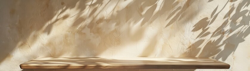 Minimalist wooden bench against a textured wall, illuminated by sunlight casting soft shadows, creating a serene and natural atmosphere.