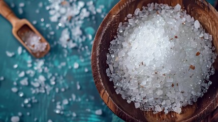 Coarse sea salt in a wooden bowl on a blue background - Powered by Adobe
