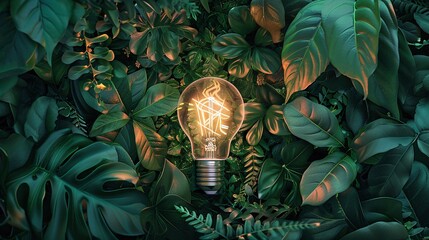 Green Innovation inspiring a lightbulb surrounded by lush greenery, symbolizing the fusion of innovation and environmental sustainability