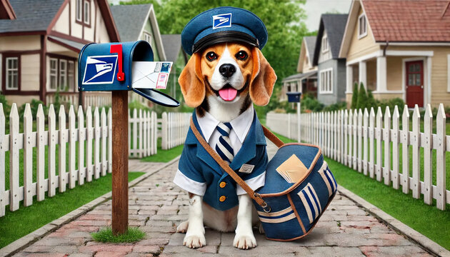 Cute beagle dog wearing a postal carrier uniform.
