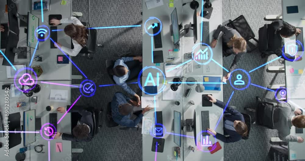 Aufkleber Artificial Intelligence and Machine Learning Tools Visualization Inside a Business Office. Professional Team of Managers Using Online Software for Commercial Daily Operations and Communication