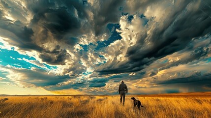 A man walks with his dog through tall grass as the sun sets and a storm rolls in.