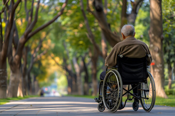 An elderly person in a wheelchair in a park
