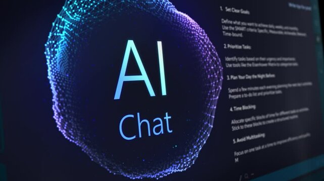 AI Software Generates Interactive Content on Screen, Showcasing Advanced Chat Capabilities and User Prompts. High Tech Interface Enhances User Experience in a Futuristic Digital Environment