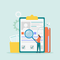 Recruitment agency, personnel service, recruitment network concept. The manager is looking for a candidate in a huge resume for the position. Vector illustration.	