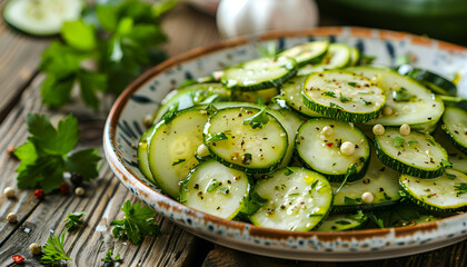 Warm salad with young zucchini with garlic and herbs on plate on wooden table