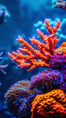 Aesthetic oceanic colorful fluorescent coral reef on blue background. Copy space. Aquarium hobby. Generative AI © AngrySun
