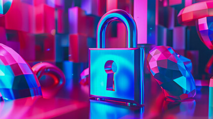 Vibrant digital lock symbolizes security in a colorful, futuristic style. Ideal for tech, cybersecurity, or digital asset protection themes.