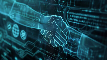 A digital handshake overlayed with high-tech graphics, symbolizing modern business partnerships, blockchain, and cybersecurity. Ideal for tech and finance content.