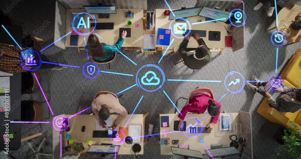 Poster top down view of a team of diverse office managers working on computers, tablets and smartphones, us