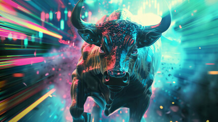 Fototapeta premium Charging bull, neon lights, futuristic theme. Represents stock market bullish trends and aggressive investment tactics.