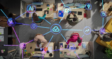 Top Down View of a Team of Diverse Office Managers Working on Computers, Tablets and Smartphones, Using Everyday Online Tools: Calendars, Emails, Analytics, Artificial Intelligence, Messaging Apps - Powered by Adobe