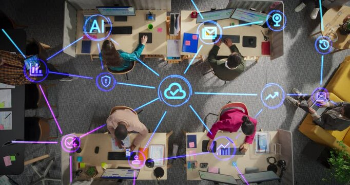 Top Down View of a Team of Diverse Office Managers Working on Computers, Tablets and Smartphones, Using Everyday Online Tools: Calendars, Emails, Analytics, Artificial Intelligence, Messaging Apps