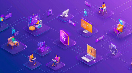 Isometric tech illustration, vibrant purple background, highlighting cybersecurity, remote work, data analysis, minimalistic style, ideal for technology apps, IT services, digital transformation.