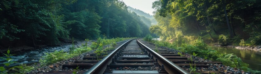 Fototapeta premium Scenic railway track through lush forest, showcasing serene nature and tranquility under soft daylight. Vibrant greenery on both sides.