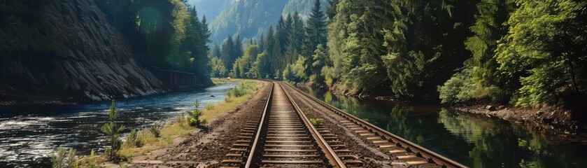 Scenic railway track winding through lush forest and mountains beside a tranquil river on a sunny day.