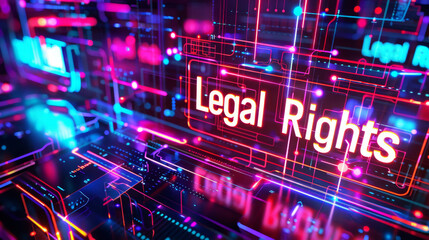 Neon cyber design, "Legal Rights" text on digital interface, tech-focused, modern background, symbolic of digital law, cybersecurity.