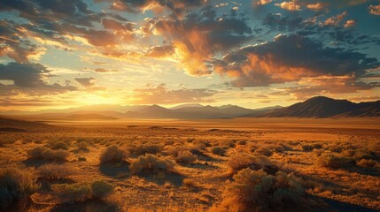 Dramatic sunset over a vast, dry desert landscape with distant mountains and a fiery sky.