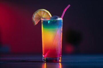 Vibrant neon cocktail with lemon slice and straw set against a dark background capturing the essence of nightlife energy