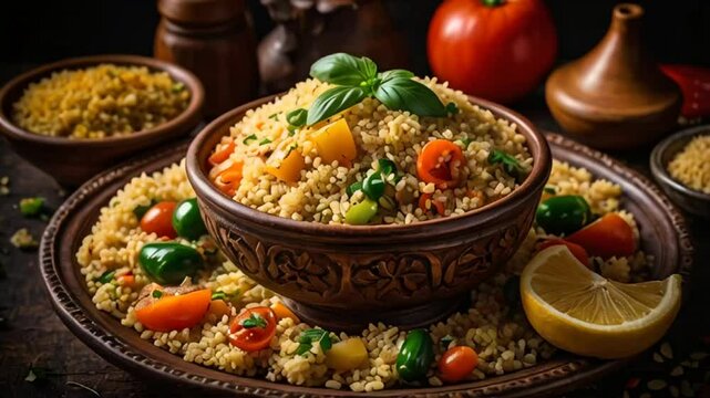 Appetizing couscous with vegetables and meat, traditional food Algeria