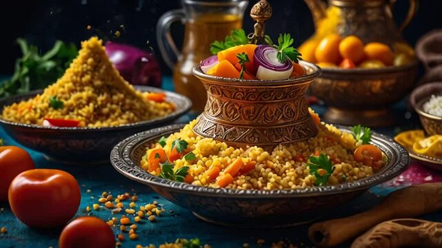 Appetizing couscous with vegetables and meat, traditional food Algeria