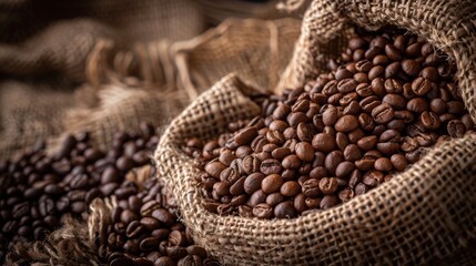 Fototapeta premium Sack of roasted coffee beans on burlap