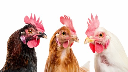 Fototapeta premium Three chickens with different colored heads are standing next to each other. The chickens have red beaks and are looking at the camera