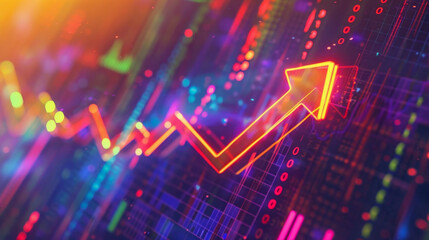 A vibrant, upward-trending arrow on a colorful digital background, financial growth, stock market success, vibrant abstract design, data visualization.