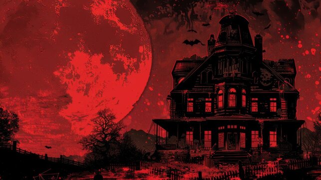 Eerie Victorian mansion under blood red moon, haunted house with boarded windows, creepy bat silhouettes, ghostly figure in broken window, Halloween event