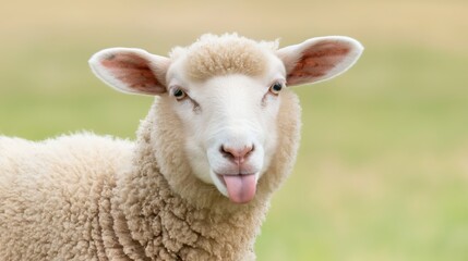 Obraz premium A sheep is looking at the camera and sticking its tongue out. The sheep is white and has a fluffy coat
