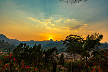 View of the city of São Bento do Sapucaí with Pedra do Baú in the background during sunrise