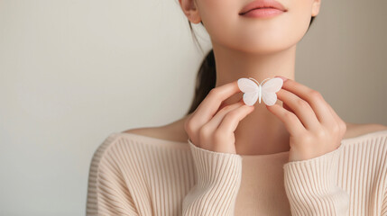 Woman with butterfly showing the importance of thyroid gland control