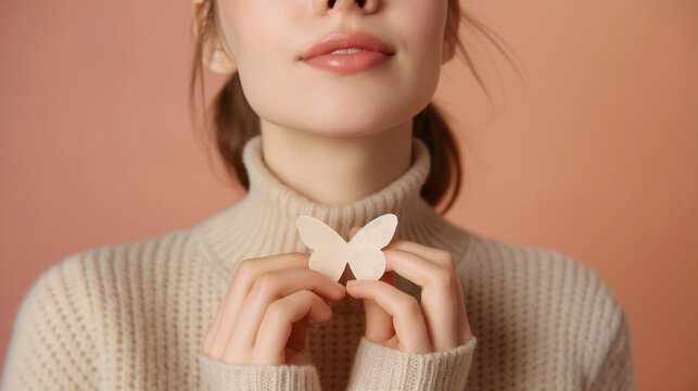 Young Caucasian woman with bufferfly near neck. Concept of thyroid gland.