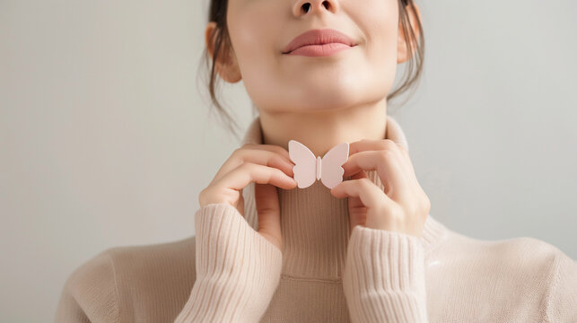 Pretty young woman with butterfly raises awareness about thyroid disorders