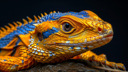Fototapeta premium Lizard, macro photo, with detailed scales, black background, exotic reptile