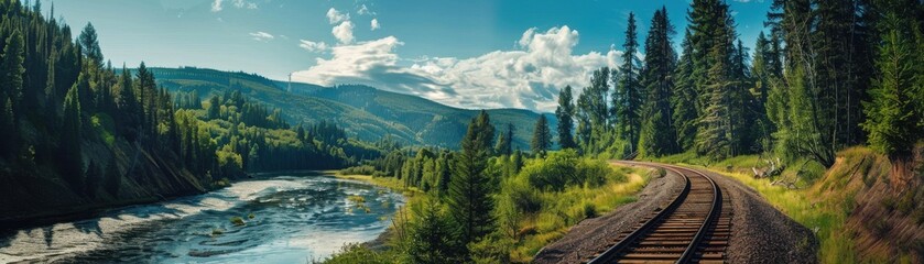 Obraz premium Scenic view of railway tracks winding through lush forest with a river and mountains under a clear sky.