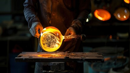 A glassblower carefully shapes molten glass.