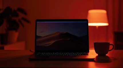 A laptop computer with a desert background on the screen sits on a desk next to a cup and a lamp in a dimly lit room.